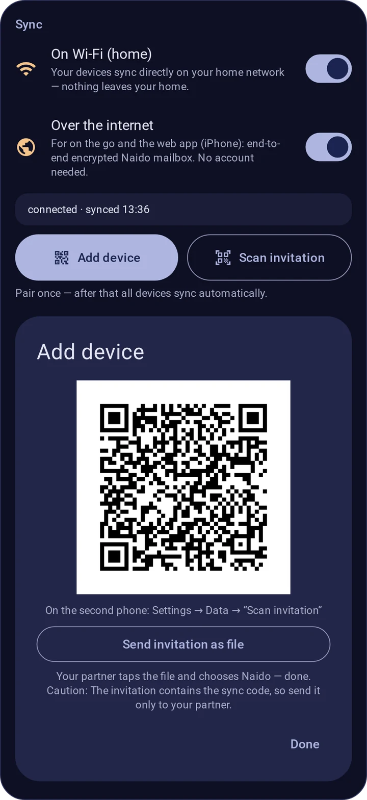 naido sync settings: Wi-Fi sync at home and encrypted sync over the internet, both on, plus the QR code to add a second device